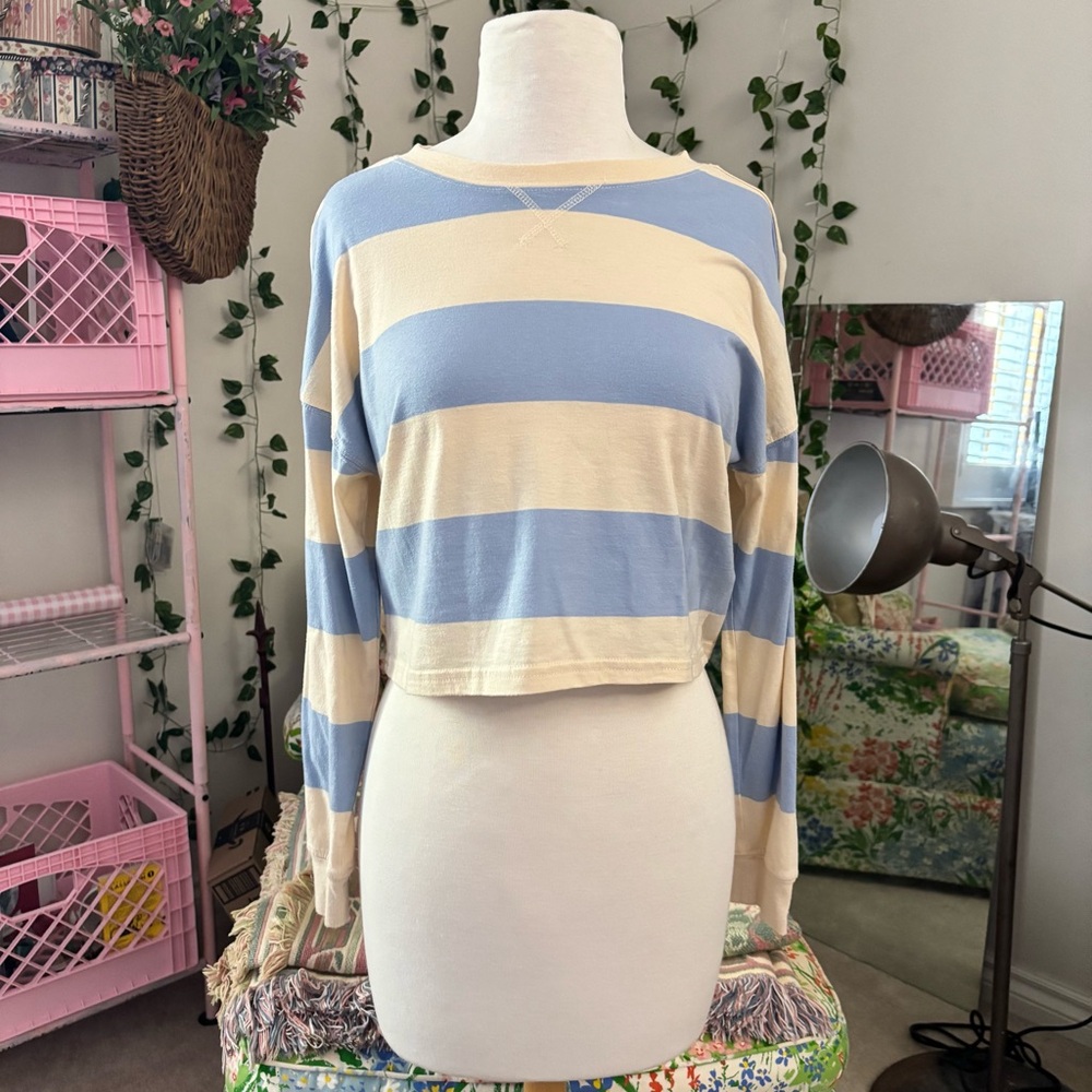 Fitz + Eddi Blue Cream Striped Cropped Long Sleeve Top XS Soft Girl Aesthetic